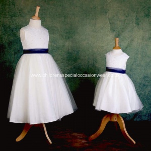 Girls Ivory Diamante & Organza Navy Sash Dress