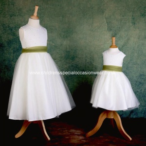 Girls Ivory Diamante & Organza Dress with Olive Sash