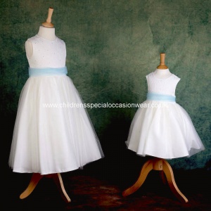 Girls Ivory Diamante & Organza Sky Blue Sash Dress