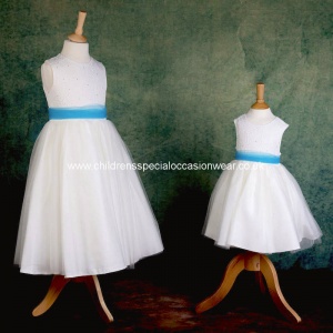 Girls Ivory Diamante & Organza Dress with Turquoise Sash