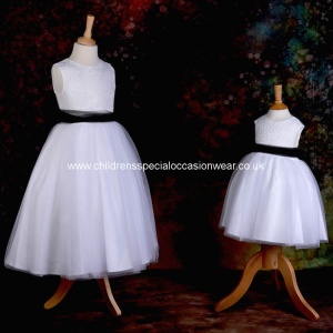 Girls White Diamante & Organza Dress with Black Sash