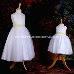 Girls White Diamante & Organza Dress with Lemon Sash