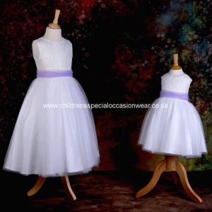 Girls White Diamante & Organza Dress with Lilac Sash