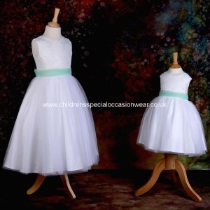 Girls White Diamante & Organza Dress with Mint Sash
