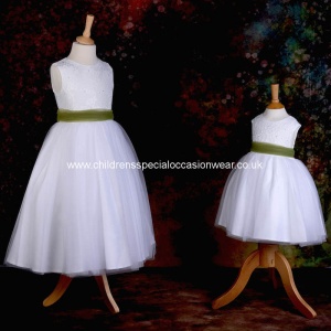 Girls White Diamante & Organza Dress with Olive Sash