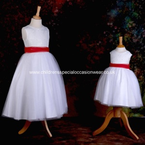 Girls White Diamante & Organza Dress with Red Sash