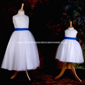 Girls White Diamante & Organza Dress with Royal Blue Sash