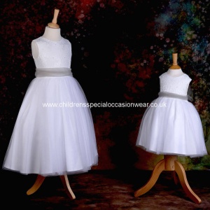 Girls White Diamante & Organza Dress with Silver Sash