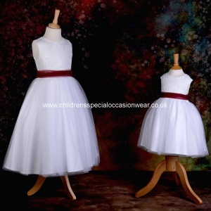 Girls White Diamante & Organza Dress with Wine Sash