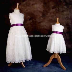 Girls Ivory Floral Lace Dress with Aubergine Satin Sash