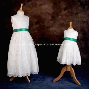 Girls Ivory Floral Lace Dress with Emerald Satin Sash