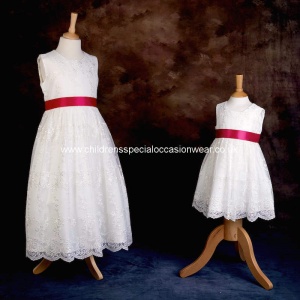 Girls Ivory Floral Lace Dress with Fuchsia Pink Satin Sash