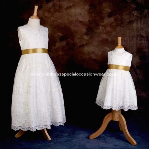 Girls Ivory Floral Lace Dress with Gold Satin Sash