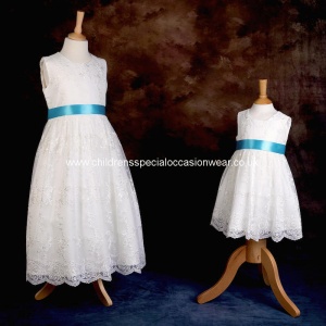 Girls Ivory Floral Lace Dress with Turquoise Satin Sash