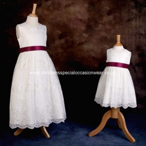 Girls Ivory Floral Lace Dress with Wine Satin Sash