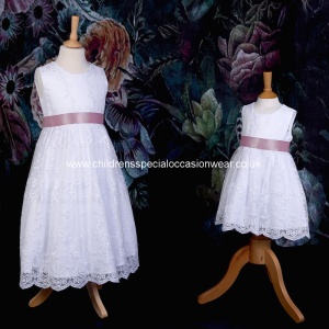 Girls White Floral Lace Dress with Antique Pink Satin Sash