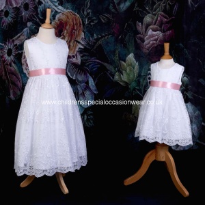 Girls White Floral Lace Dress with Baby Pink Satin Sash