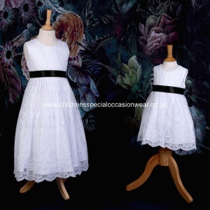 Girls White Floral Lace Dress with Black Satin Sash