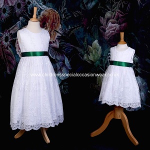 Girls White Floral Lace Dress with Bottle Satin Sash