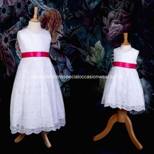 Girls White Floral Lace Dress with Hot Pink Satin Sash