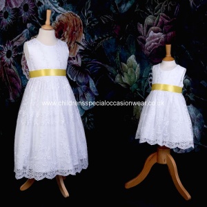 Girls White Floral Lace Dress with Lemon Satin Sash