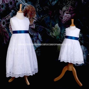 Girls White Floral Lace Dress with Midnight Blue Satin Sash