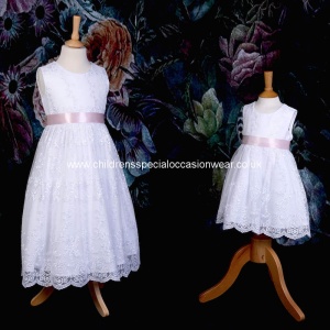 Girls White Floral Lace Dress with Pale Pink Satin Sash