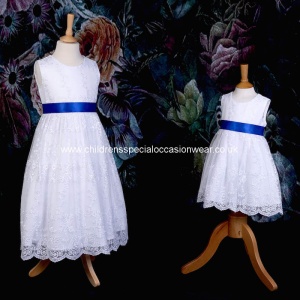 Girls White Floral Lace Dress with Royal Blue Satin Sash