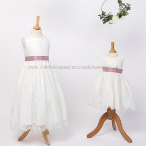 Girls Ivory Fringe Lace Dress with Antique Pink Satin Sash