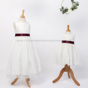 Girls Ivory Fringe Lace Dress with Burgundy Satin Sash