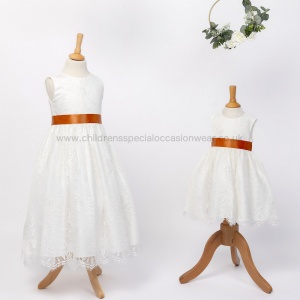 Girls Ivory Fringe Lace Dress with Rust Burnt Orange Satin Sash