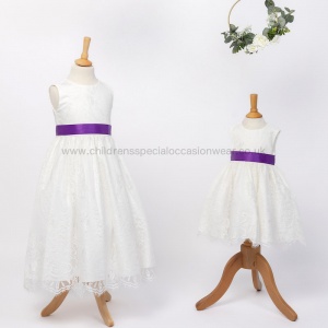 Girls Ivory Fringe Lace Dress with Cadbury Purple Satin Sash