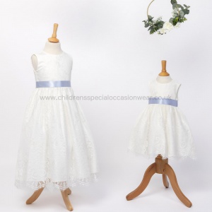 Girls Ivory Fringe Lace Dress with Cornflower Blue Satin Sash