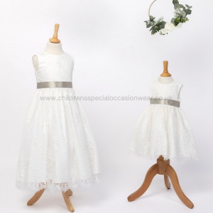 Girls Ivory Fringe Lace Dress with Mink Taupe Satin Sash