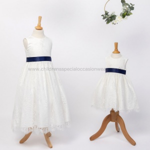 Girls Ivory Fringe Lace Dress with Navy Satin Sash