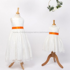 Girls Ivory Fringe Lace Dress with Orange Satin Sash