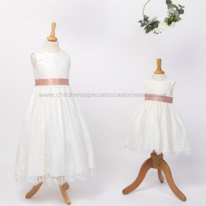 Girls Ivory Fringe Lace Dress with Rose Gold Satin Sash