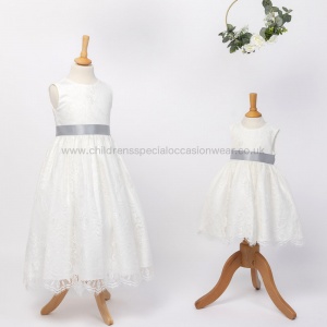 Girls Ivory Fringe Lace Dress with Silver Satin Sash