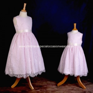 Girls Pink Fringe Lace Dress with Ivory Satin Sash