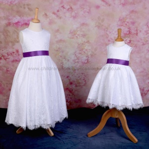 Girls White Fringe Lace Dress with Cadbury Purple Satin Sash
