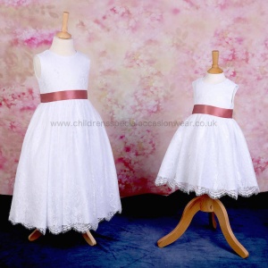 Girls White Fringe Lace Dress with Coral Satin Sash