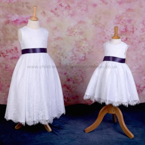 Girls White Fringe Lace Dress with Dark Purple Satin Sash