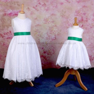 Girls White Fringe Lace Dress with Emerald Green Satin Sash