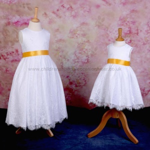 Girls White Fringe Lace Dress with Marigold Satin Sash