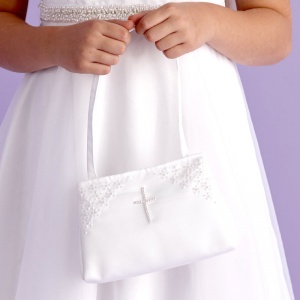 Girls White Pearl Cross Satin Bag - Charlotte P120 by Peridot