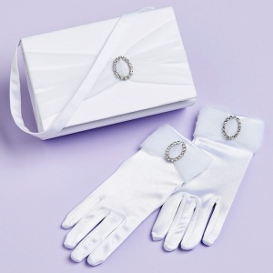 Girls White Diamante Satin Bag & Gloves Set - Kara & Abigail