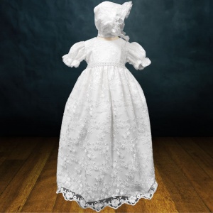 Baby Girls White Diamante Embroidered Lace Christening Gown & Bonnet