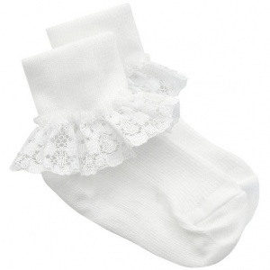 Flourecent Sand Girls Frilly Lace Ankle Socks – White, School & Party, HB509, Pearl Detail