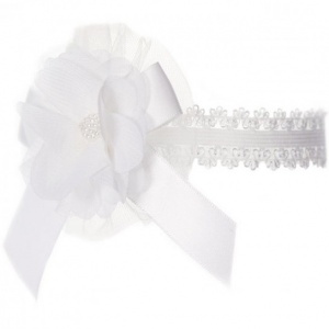 Baby Girls White Lace Headband with Flower, Bow & Bead Motif