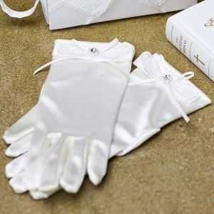 Girls Ivory Lace & Ribbon Communion Gloves - Maria P116A by Peridot